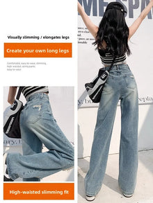 Jean droit déchiré tendance pour femme, printemps-été, taille haute, coupe large décontractée, design amincissant, jean en denim décontracté