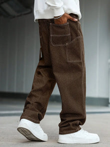 Men's vintage brown-and-white thin pinstripe loose wide-leg denim trousers, Y2K workwear street-style unisex casual jeans