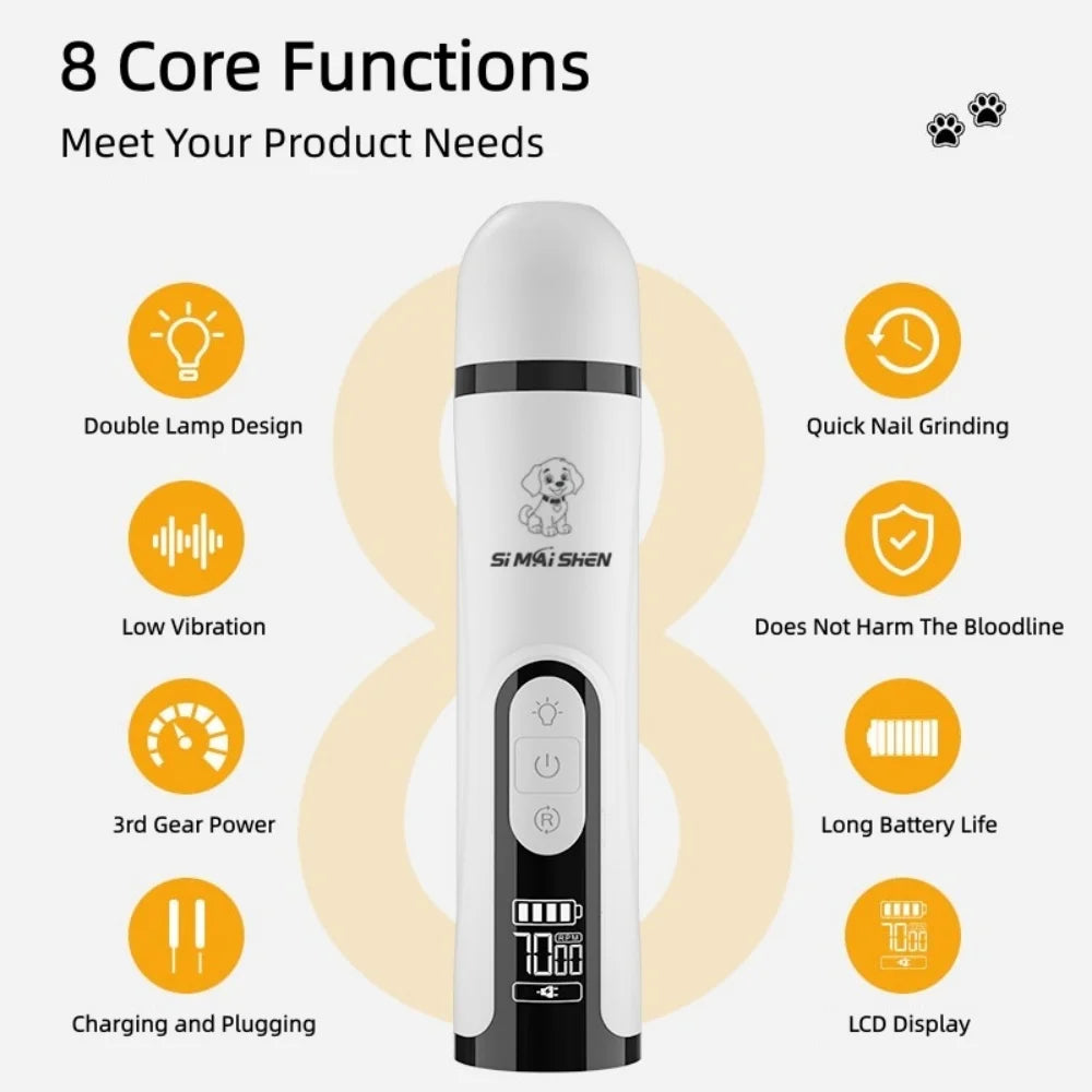 Pet Nail Grinder with LED Light - USB Rechargeable Clipper for Cats and Dogs, Professional Paws Grooming Trimmer Supplies