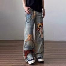 New Men's Punk Fashion Distressed Streetwear Denim Pantalones 3D Cartoon Bear Graphic Baggy Y2K Jeans Hip Hop Printed Jean