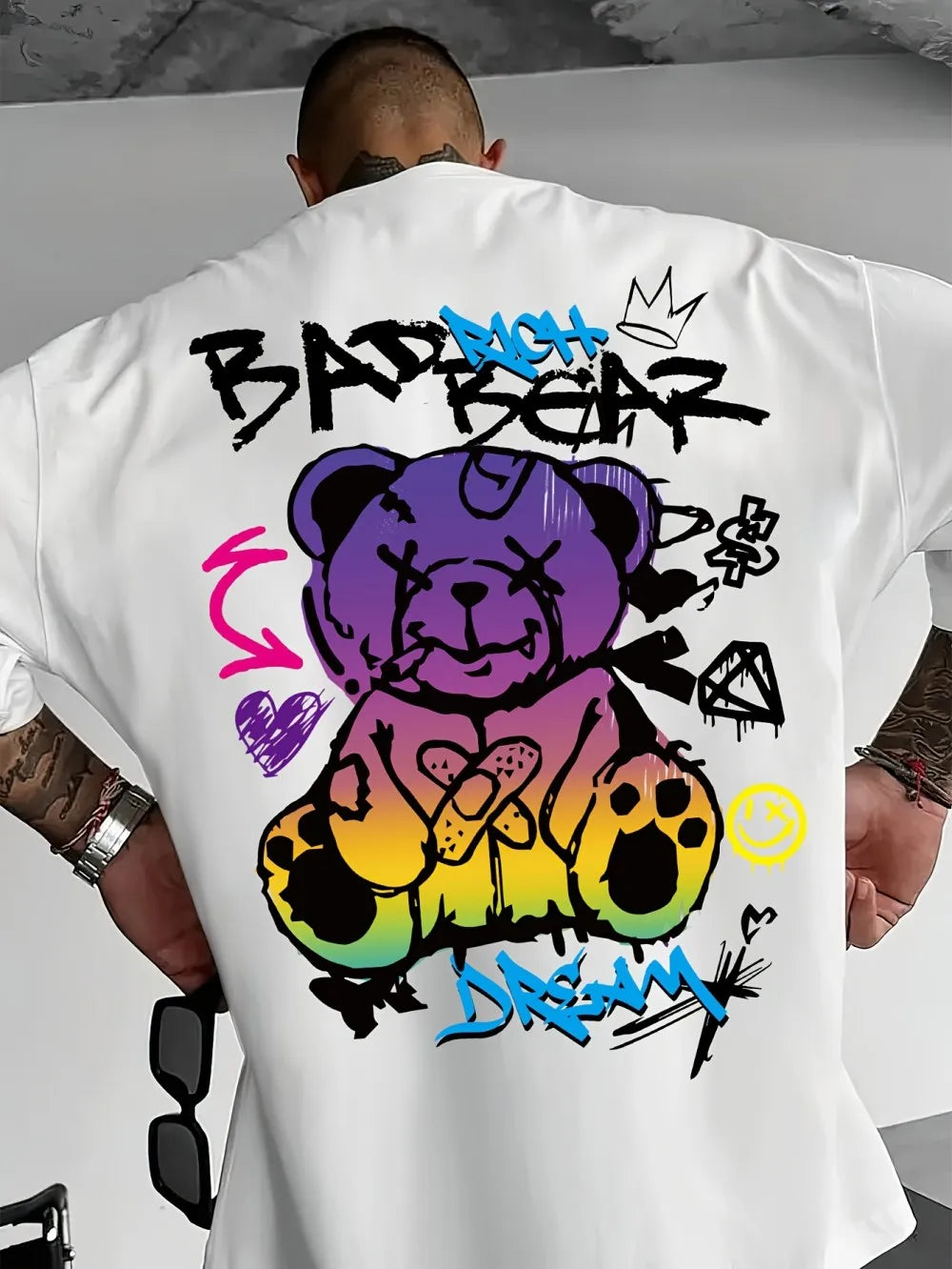 2025 Summer New Men's Little Bear Graffiti Printed Comfortable i Breathable Round Neck T-shirt Outdoor Street Style Top