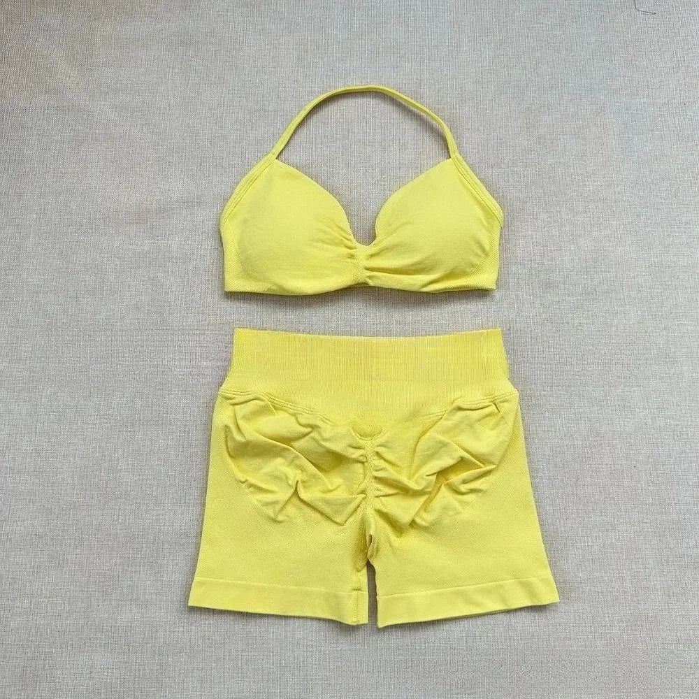 NO Logo Gym impact shorts set Strap Top Women's Long Line Strap Vest Pads Yoga Clothes Fitness Exercise Running Sports Clothes