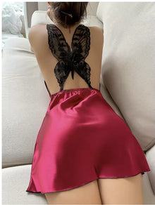 Fashion Solid Color V-neck Home Nightgown Women's Backless Cross Suspender Skirt Butterfly Decoration Simulation Silk Thin Dress