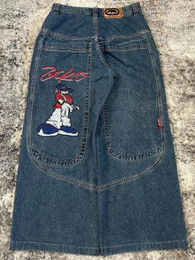 Retro Y2K American Street Style Loose Casual Wide Leg Denim Jeans Big Pocket Pattern Print Trendy mid Waist Cotton Blend