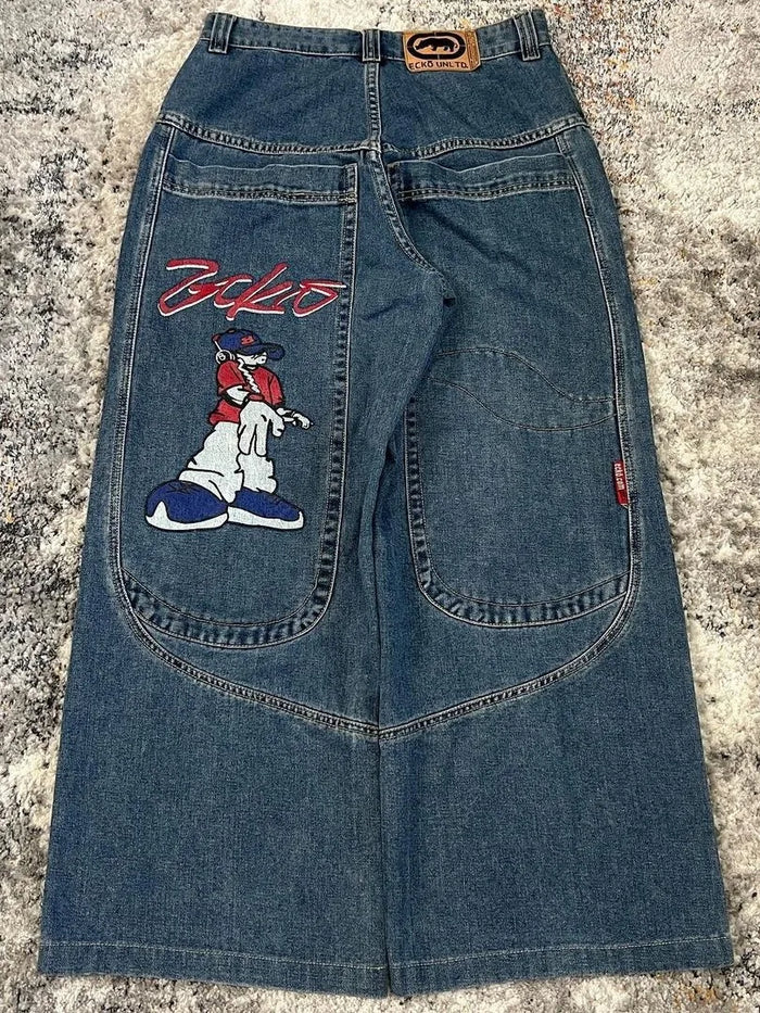 Jean large décontracté style streetwear américain rétro Y2K, coupe ample, poches larges à motif imprimé, taille mi-haute, mélange de coton tendance