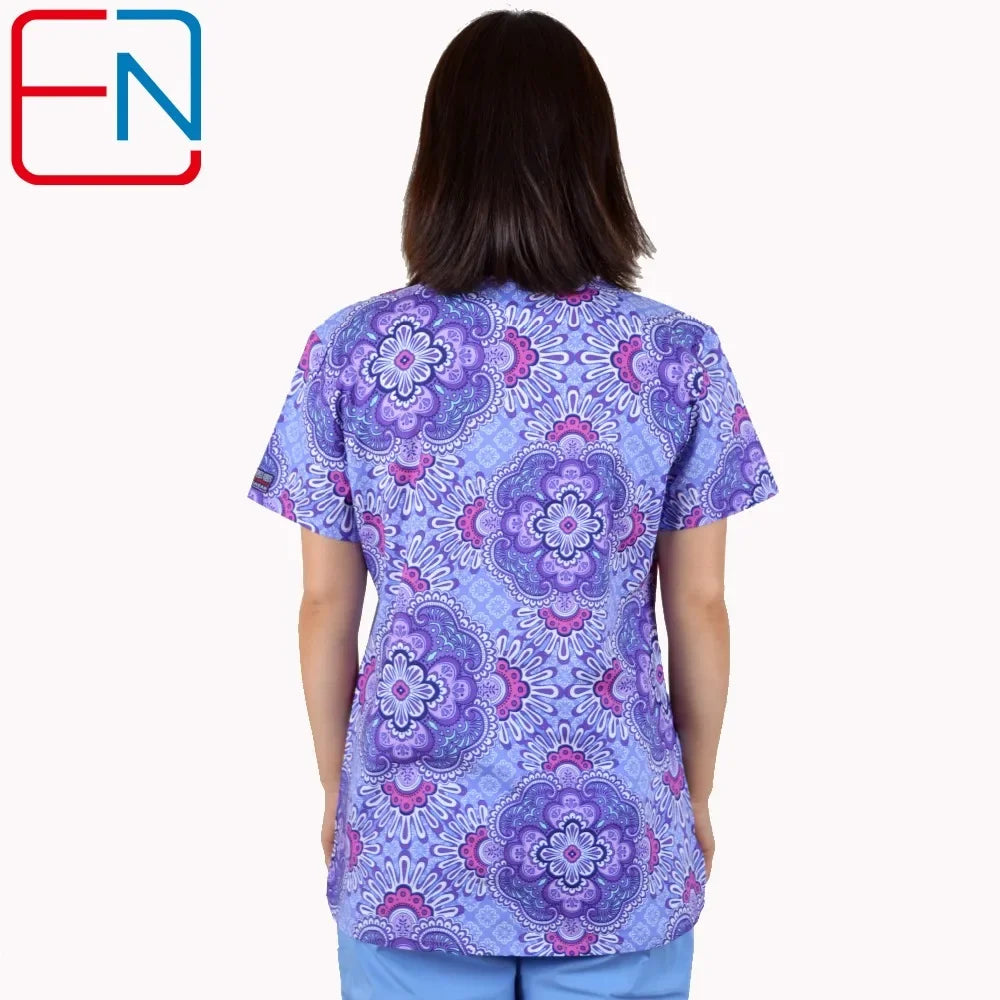 Hennar Print Vet Scrub Uniform For Women In 100% Cotton 4 pockets,XXS-5XL Pet Doctors Medical Scrub Tops
