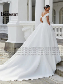 BONJOURY Simple V-neckline Wedding Dress for Woman Bride Satin Pockets Chapel Train Button Vestido De Casamento Drop Shipping