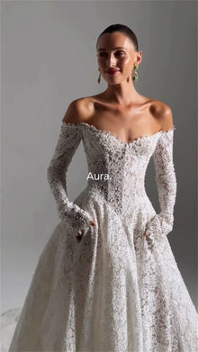 Tokyo Customized White Off the Shoulder Wedding Dresses Long Sleeves Zip Back Bridal Gowns A-Line Court Train Wedding Gowns 2026