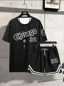 Summer Men's Chicago-Themed Relaxed Set Size 32 Printed T-Shirt and Shorts Set Adult Sports Casual Plus Size Two-Piece Set