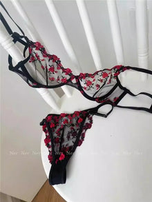 YUQI French Style Luxury Lingerie-Floral Embroidery Black Sheer Bra Set, Sensual Women's Intimates Elegant Transparent Underwear