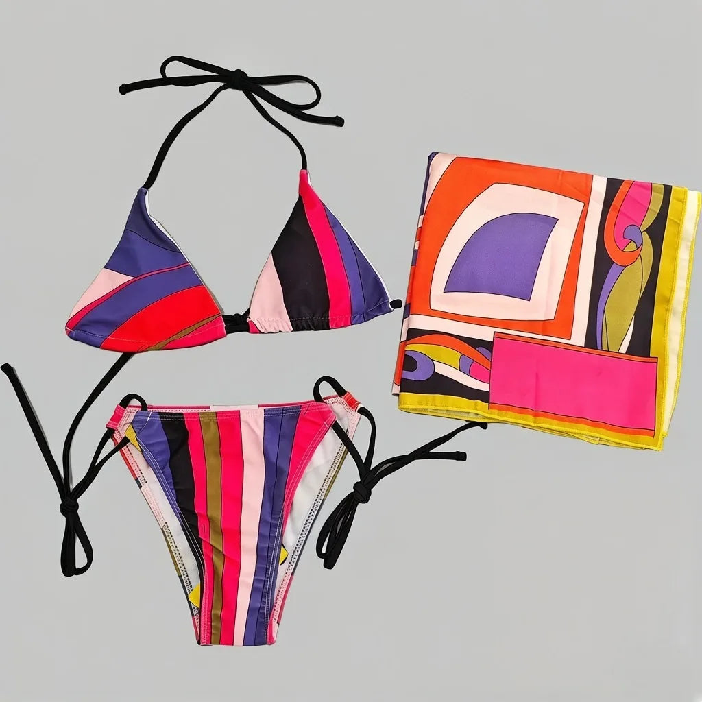 2026 Fashion Design Women's Red Scarf Sling Swimsuits Classic Brand Lady Scarf Bikini Sets with Letter Signature Logo