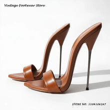 Black Patent Leather Metal Stiletto Mules 16cm Pointed Open Toe Thin Heels Plus Size Shoes Women's Summer Pull On Party Slippers