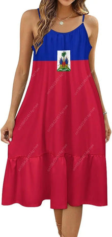 Haiti Flag Haitian Dress Women Sexy Long Suspender Dresses Halter Flared Dresses Casual Midi Dress