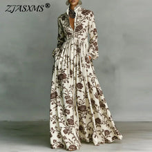 Retro Pattern Print High Waist Pleated Dress Woman Spring Shirt Collar Button Pockets Maxi Dress Long Sleeve Boho Vacation Dress