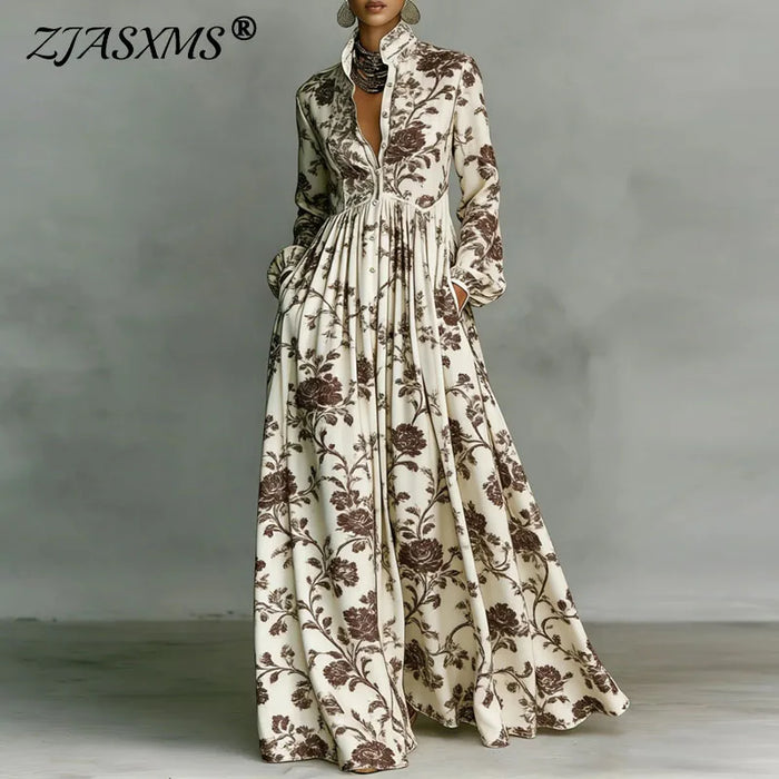 Robe longue plissée à imprimé rétro, taille haute, col chemise, boutonnée avec poches, manches longues, style bohème pour femme