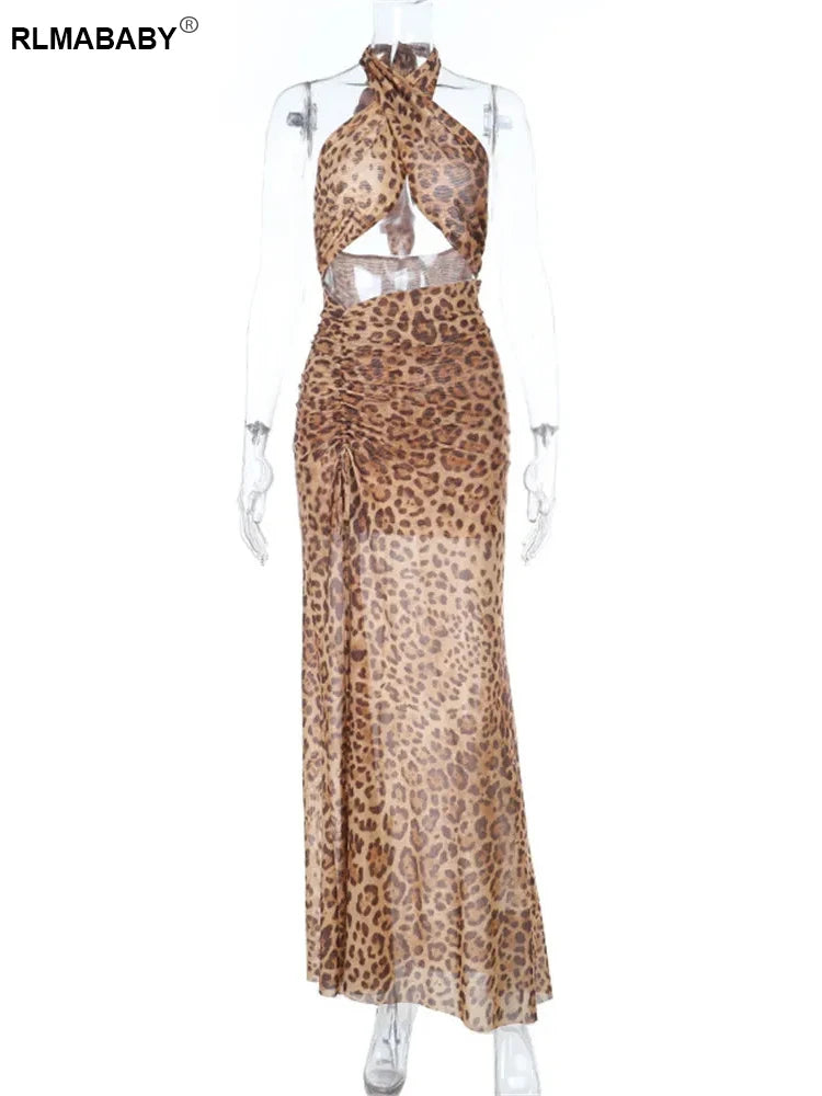 RLMABABY Summer Women Leopard Backless Ruched Beach Maxi Fit Bodycon Dress Sexy Hollow Out High Split Club Party Prom Long Dress