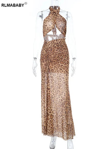 RLMABABY Summer Women Leopard Backless Ruched Beach Maxi Fit Bodycon Dress Sexy Hollow Out High Split Club Party Prom Long Dress