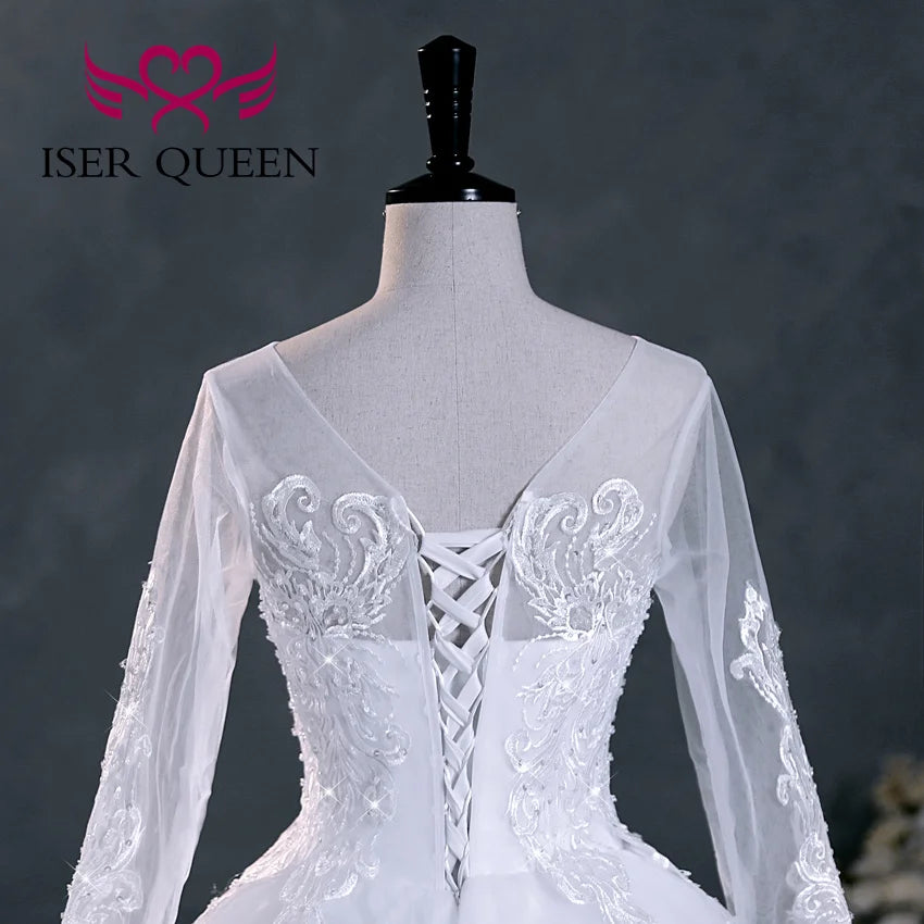 Customized Beaded Pretty Lace Appliques Wedding Dress A line  Long Sleeves V neck Plus Size Wedding Dresses For Women WX0303
