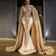 Customized Arabic Mermaid Prom Dresses With Long Shawl Sparkly Lace Beaded Appliuqes Plus Size Formal Evening Ocn Gowns