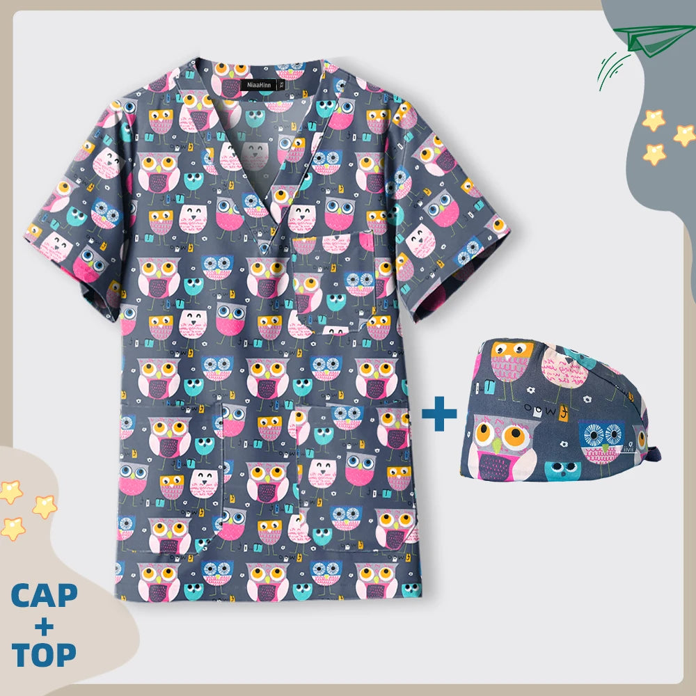 Print Dogs/Cats/Rabbit Scrub Tops Women Men Medical Scrub Shirts Pet Shop Vet Workwear Doctor Nurse Uniform Dentist Overalls Cap