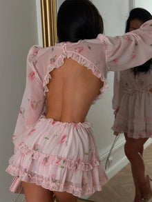 Floral Printed Backless Mini Dress Women Elegant O Neck Long Sleeved Ruffles A-line Dresses Summer Chic Female Holiday Vestido