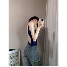 Sports Navy Blue Two-piece Swimsuit Set with Suspenders and High Waisted Shorts Suitable for Beach Swimming Pool Training