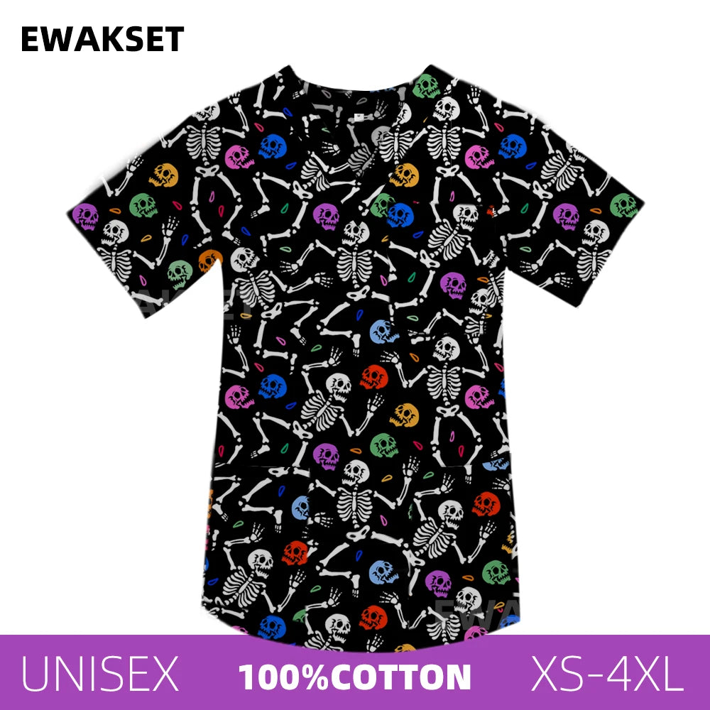 New Top for orthopedics Cotton bones skeleton printed Medical Blouse V-neck Nurse Doctor Operating T shirts Unisex Scrub Clothes