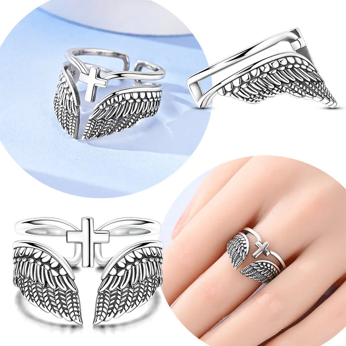 Bague ouverte originale en argent sterling 925 avec croix ailée pour femme, bague réglable, style punk, bijou de fête, cadeau