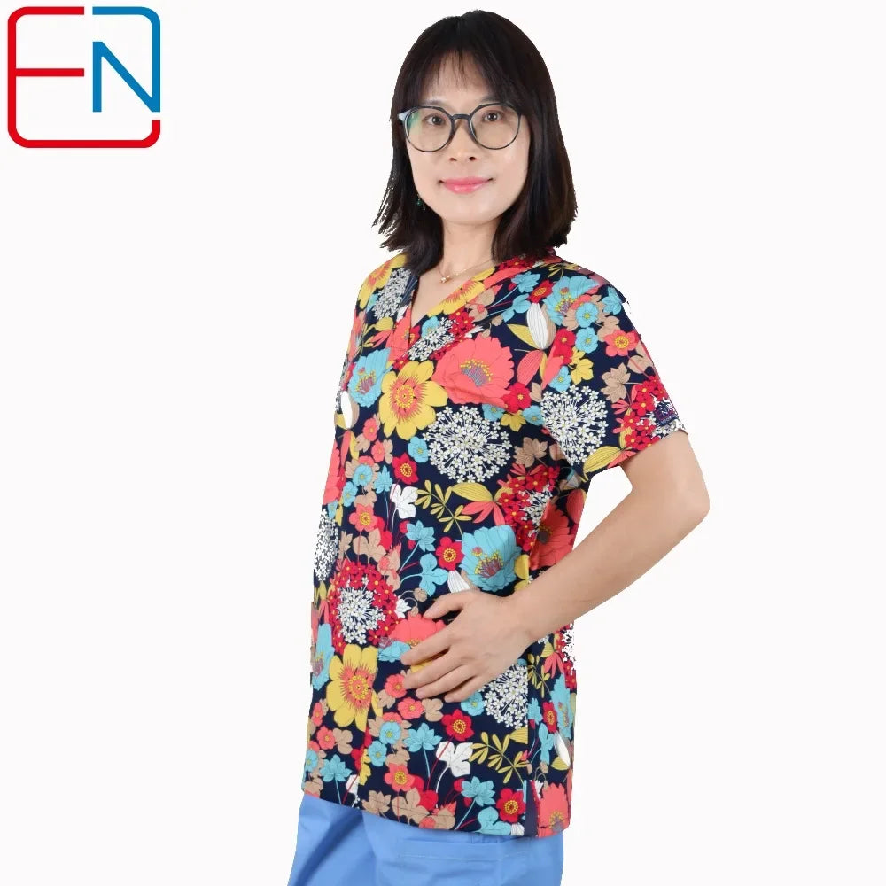 Hennar Print Vet Scrub Uniform For Women In 100% Cotton 4 pockets,XXS-5XL Pet Doctors Medical Scrub Tops
