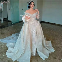 Customized Bridal Dress With Detachable Train Off The Shoulder Heavy Appliques Pearls Trumpet Illusion Full Sleeves Bridal Gown