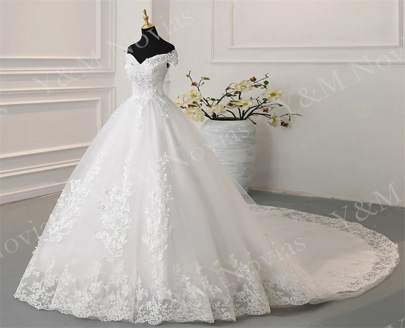 Y&M Novias Off Shoulder Plus Size Vestido De Noiva 2026 New Wedding Dress Train or Floor Customized large Bridal Tulle Mariage