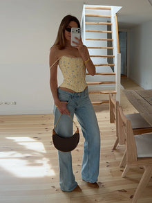 Floral Printed Fish-bone Tank Tops Women's Slim Sleeveless Back Lace-up Waist-cinching Blouses 2026 New Ladies Summer Outfit