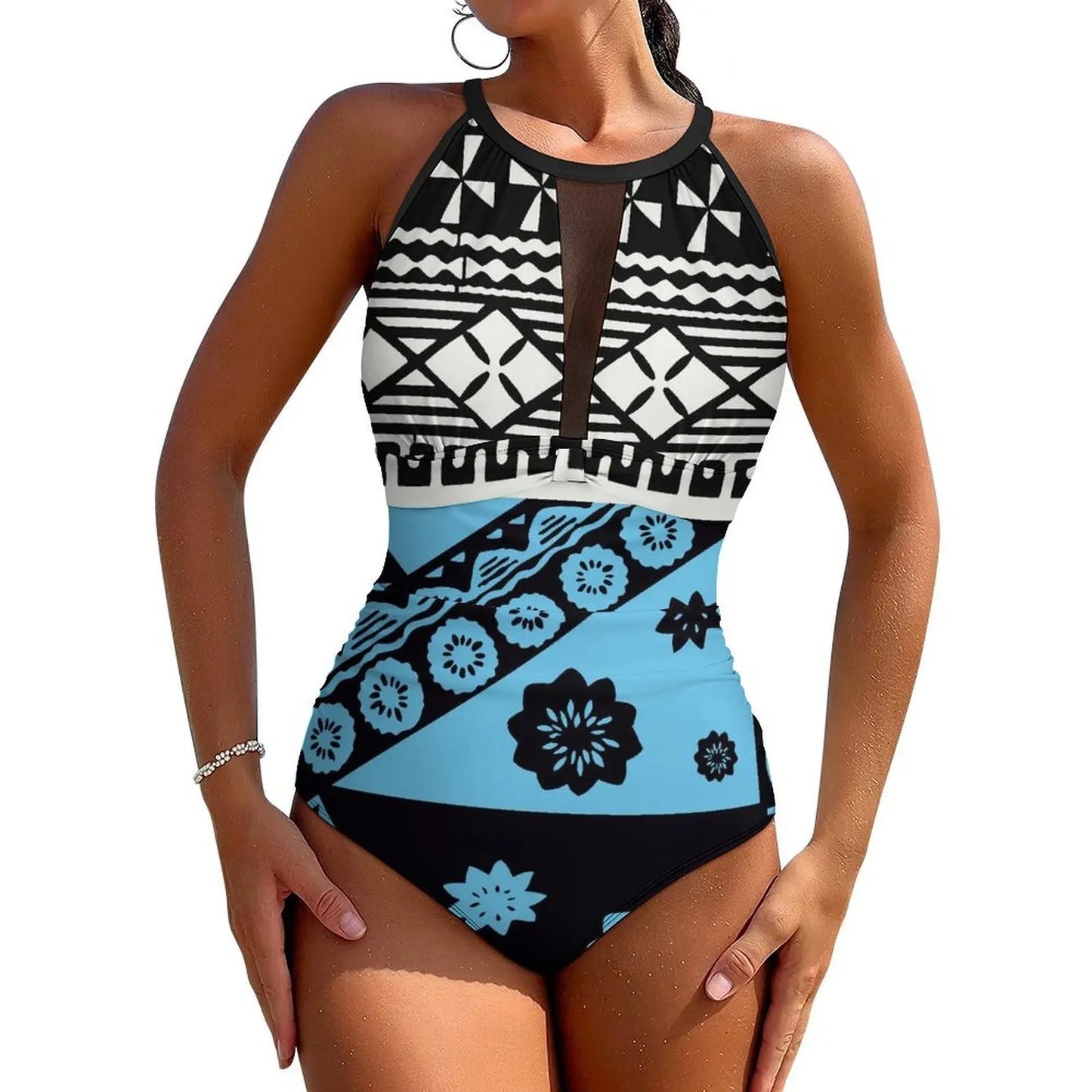Fiji High-Waisted Swimsuit Push-Up One-Piece Swimsuit Polynesian Custom Ethnic Print Swimwear Printed Swimsuit Backless Bikini