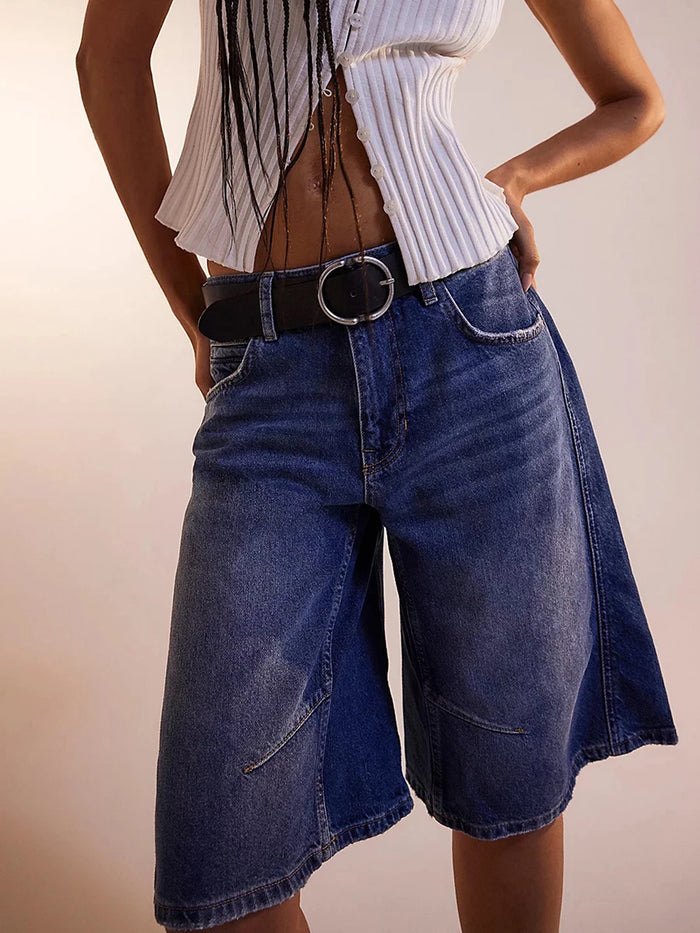 Nouveau short en jean femme longueur genou couleur unie taille basse jambes larges style club et streetwear pour l'été S-2XL