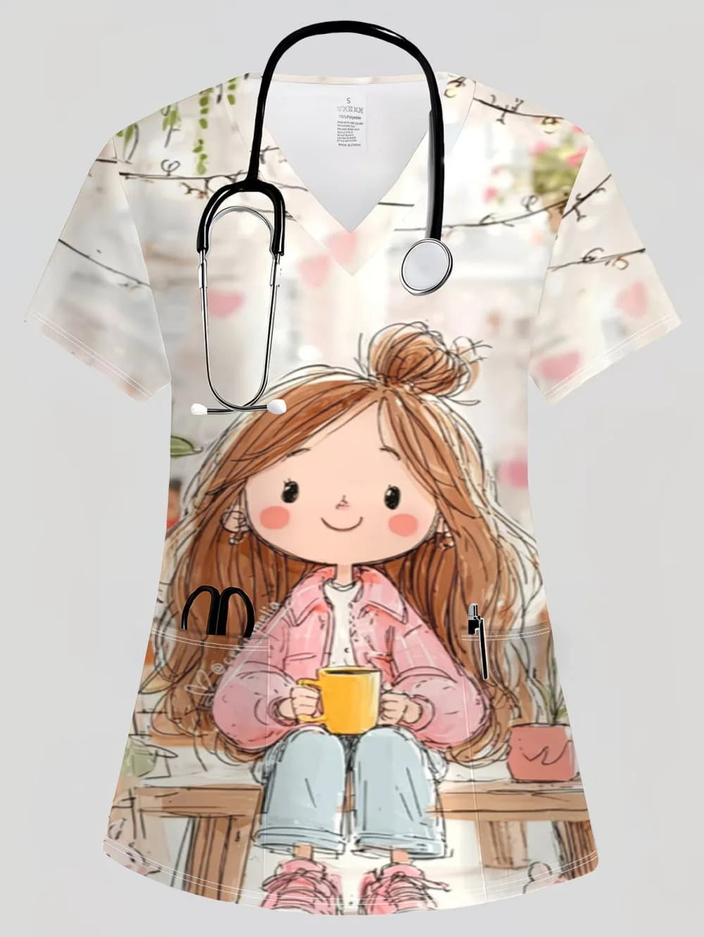 Surgical Uniforms Woman Tooth Cartoon Print Summer Nursing V-Neck Short Sleeve Tops Fashion Dental Microelastic Medical Uniform
