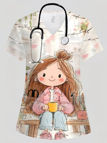 Surgical Uniforms Woman Tooth Cartoon Print Summer Nursing V-Neck Short Sleeve Tops Fashion Dental Microelastic Medical Uniform
