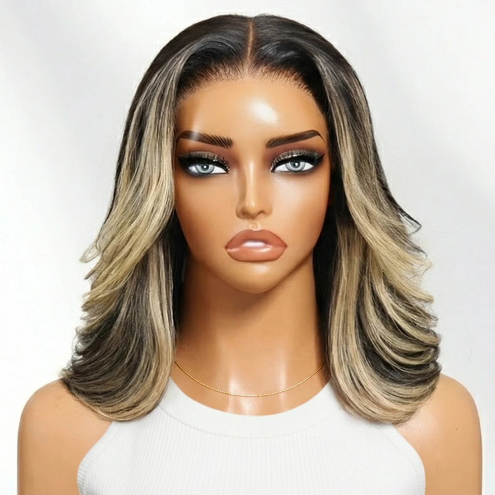 UNice 7x5 Bye Bye Slip™ Lace Dark Brunette with Ash Blonde Highlight Layered Wavy Bob Wig Human Hair with Invisi Drawstring