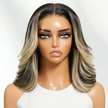 UNice 7x5 Bye Bye Slip™ Lace Dark Brunette with Ash Blonde Highlight Layered Wavy Bob Wig Human Hair with Invisi Drawstring