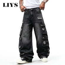 LIYS Men Retro Black Wash Multi Pocket Cargo Jeans Ripped Baggy Wide Leg Y2K Streetwear Denim Pants Tactical Loose Trousers