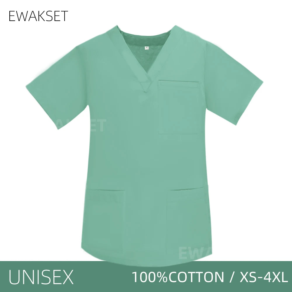 Unisex Solid Surgical Top 100% Cotton Shirt medical Uniforms Short Sleeve V-neck 3 Pocket Scrub Tops for Women Men