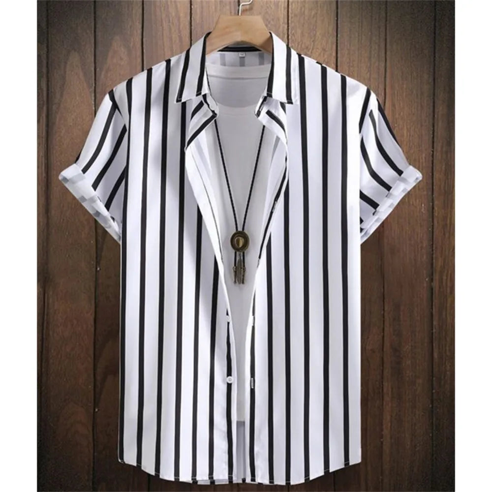 Summer Fashion 3D Print Striped Men's Shirts Basic GraphicsButton Short Sleeve Lapel Streetwear Hawaiian Blouse Shirts for Men
