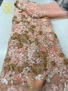 Beautiful Nigerian 3D Flower Lace Fabric 2026 African Beaded Sequins Lace Fabric French Embroidery Tulle Lace Wedding Dress