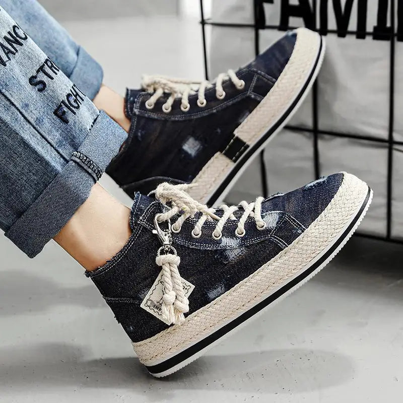 Men's Denim Canvas Sneakers Breathable High Top Sneakers for Men Slip On Sneakers Spring Summer Casual Platform Vulcanized Shoes