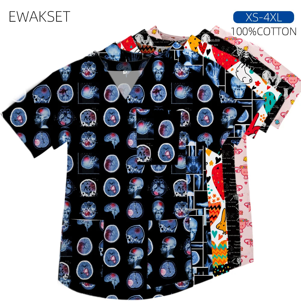 Women men Cartoon X-ray Surgical Tops pure Cotton Short Sleeve Medical Uniform Hospital Clinic Scrubs Blouse orthopedics Clothes