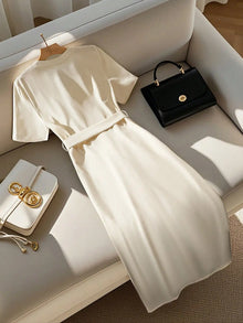 Women's Elegant Simple Round Neck Single Breasted Short Sleeve Belt Midi Dress women dress Women's Elegant Beige Midi Dress