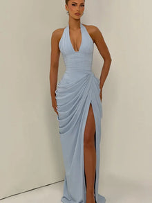 Sexy Solid Pleated Halter Dress Women Fashion Sleeveless Backless Waist-cinching Split Maxi Dresses 2026 Summer Lady Party Gowns