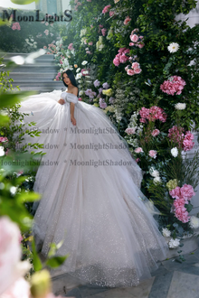 Moonlight Glitter Tulle Wedding Dresses Off Shoulder Shiny Pleated Prom Bridal Gown Sparkly Ball Pageant Customized Bride Gown