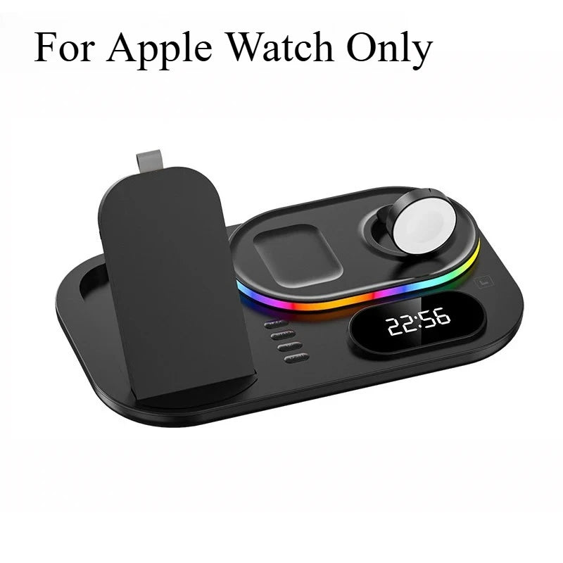 5 in 1 Wireless Charging Station for Apple Devices 15W Fast Alarm Clock LED Light Charger Stand for iPhone Watch AirPods Desktop