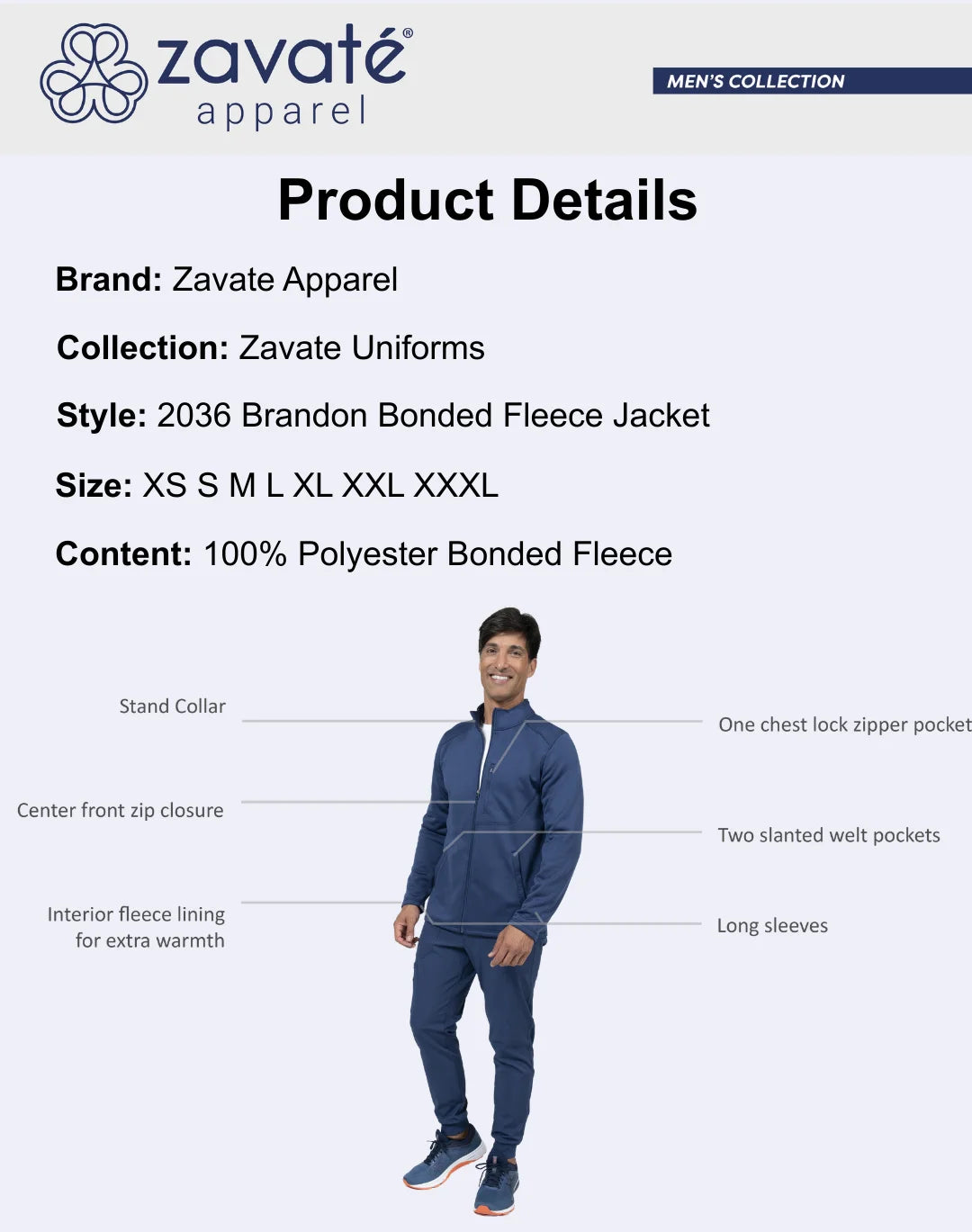 Zavate Men's Brandon Bonded Fleece Scrub Jacket Medical Uniform - 2036