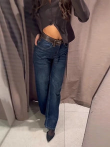 Women Jeans High Waist Pants Wide Leg Jean Contrast Brown Leather Patch Pockets Fit Casual Denim Trousers Spring Woman Clothes